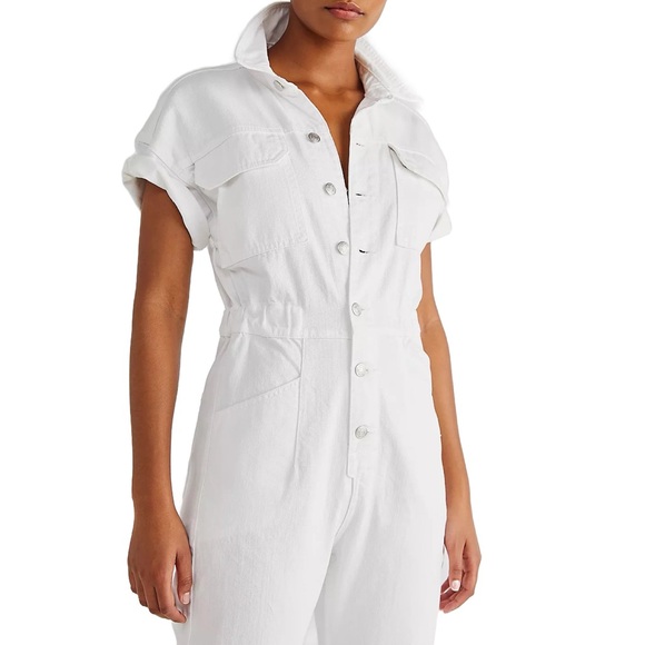 Free People 80s Style White Marci Utility Coveralls Denim Jean Jumpsuit - Picture 6 of 16